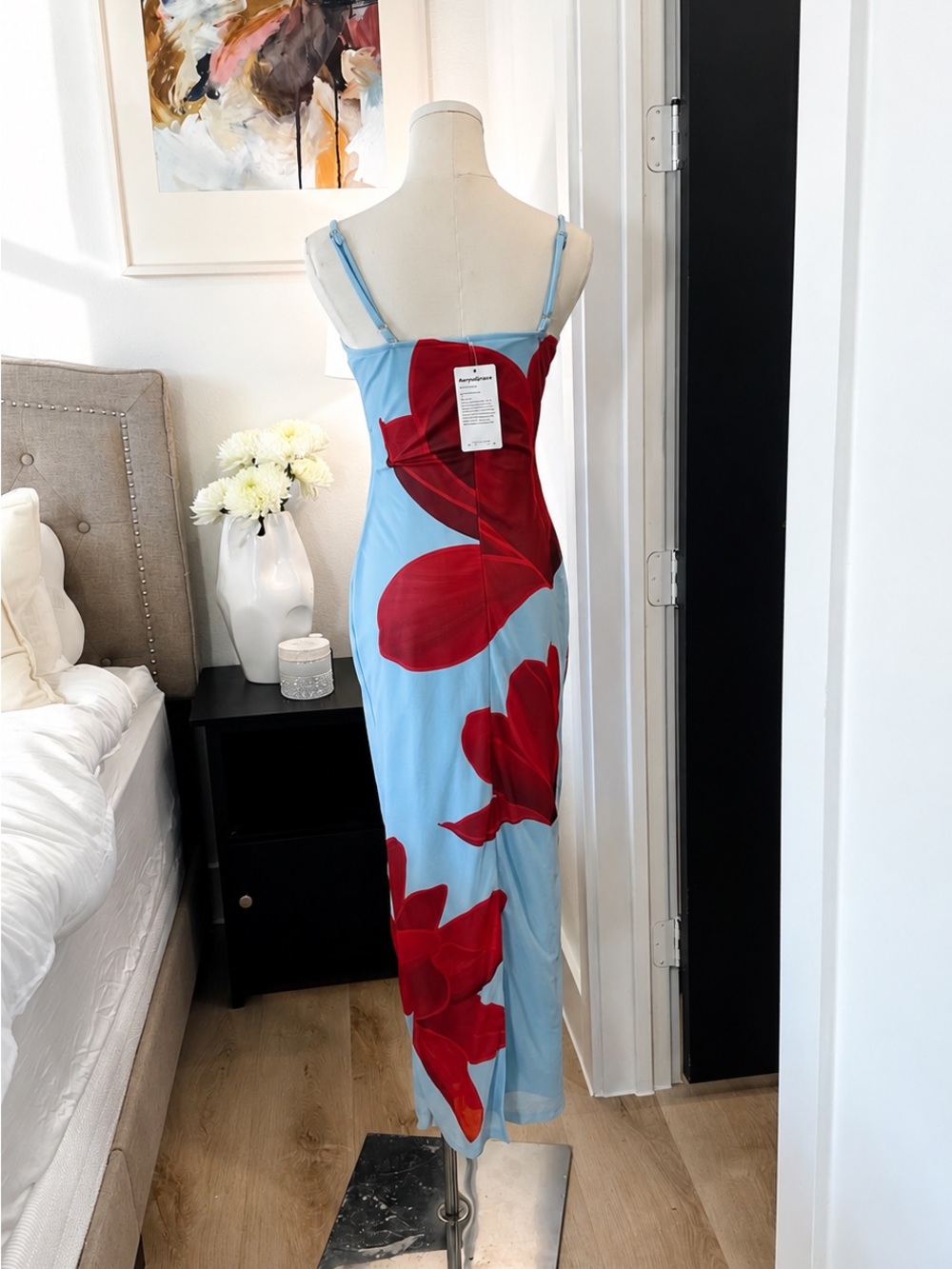 PrettyGarden Blue Red Floral Mesh Bodycon Midi Dress NWT Size M - Picture 2 of 10